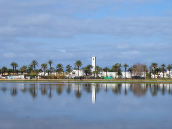 Reflection of buildings in lake against sky