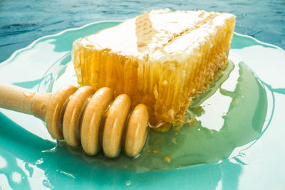 High angle view of cake in plate on table