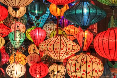 Full frame shot of illuminated colorful lanterns for sale at night
