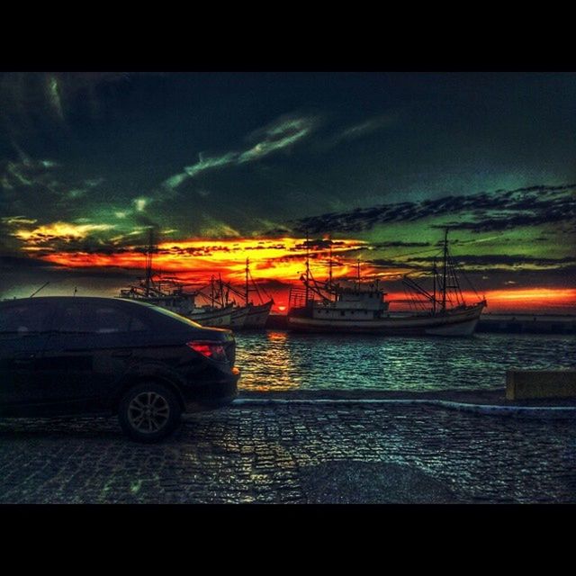 transportation, sunset, mode of transport, sky, water, cloud - sky, transfer print, nautical vessel, auto post production filter, boat, orange color, moored, land vehicle, car, scenics, reflection, lake, dusk, tranquil scene, nature