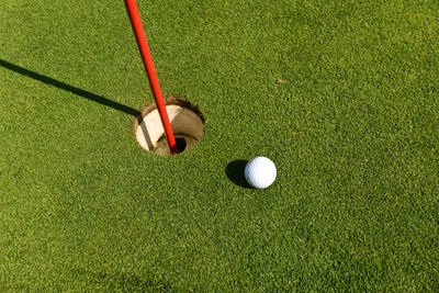 High angle view of golf ball reaching hole