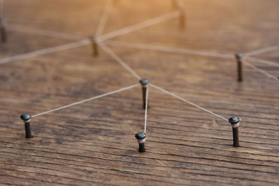 High angle view of clothespins on table