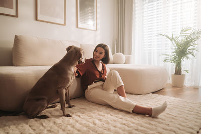 Side view of dog relaxing on bed at home