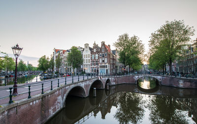 Bridge over river with buildings in background
