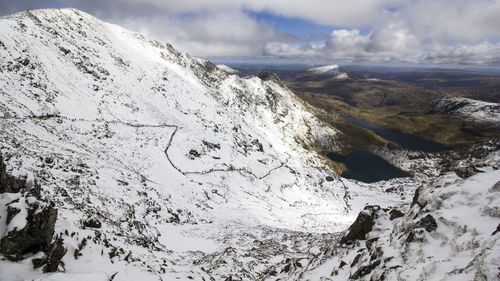 Scenic view of snow covered mountains against cloudy sky