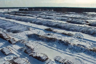 High angle view of snow covered land