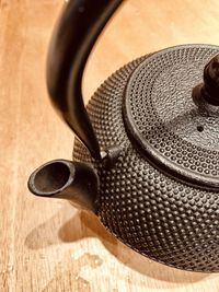 High angle view of kettle on table