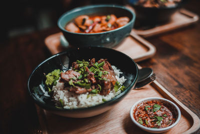 High angle view of food in bowl on table