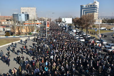 High angle view of crowd on city street