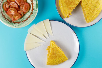 High angle view of breakfast on table