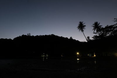 Silhouette trees against sky at night