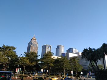 City buildings against clear blue sky