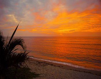 Scenic view of sea against orange sky