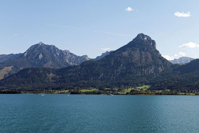 Scenic view of sea and mountains against sky