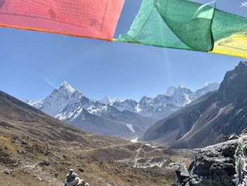 Scenic view of snowcapped mountains against clear sky