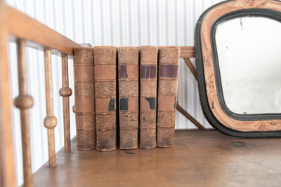 Close-up of old books on table