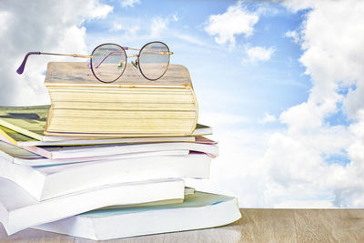 Stack of books on table