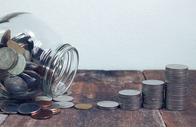 Close-up of coins on table