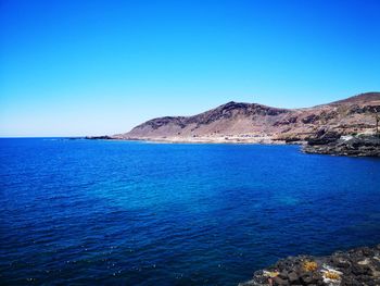 Scenic view of sea against clear blue sky