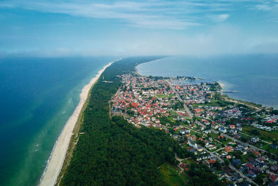 Sea landscape with sandy beach and jastarnia city on hel peninsula. baltic sea coast in poland