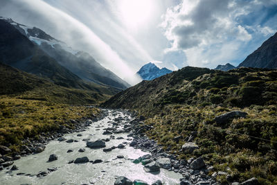 Scenic view of mountains against cloudy sky