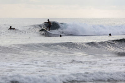 Man surfing in sea against sky