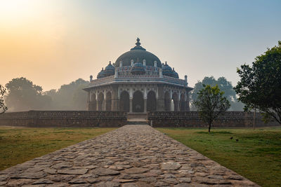 Nila gumbad of humayun tomb exterior view at misty morning from unique perspective