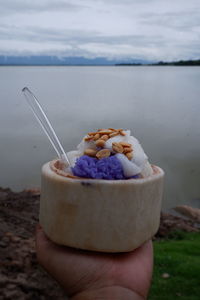 Young coconut ice cream in a cup made from coconut shells.