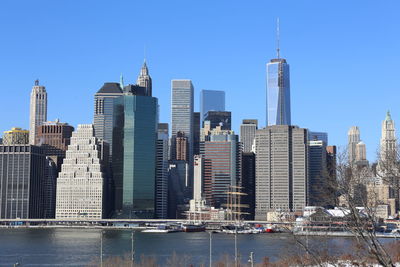 Modern buildings in city against clear sky