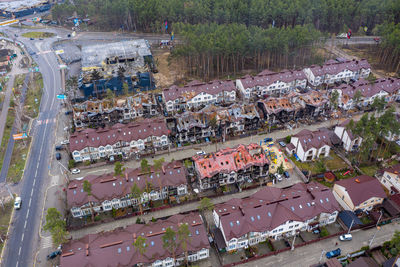 The aerial view of the destroyed and burnt buildings. the buildings were destroyed by rockets.