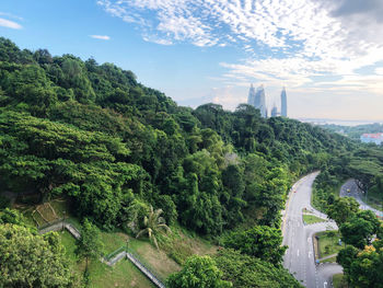 High angle view of trees against cloudy sky