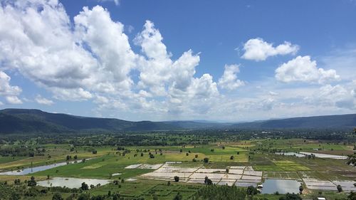 High angle view of field against sky