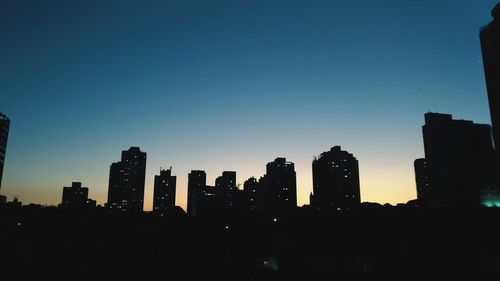 Silhouette buildings in city against clear sky