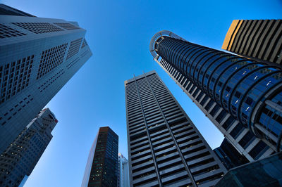 Low angle view of modern buildings against clear blue sky