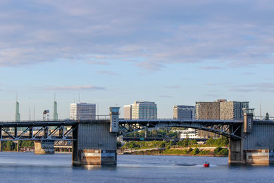 Bridge over river by buildings against sky