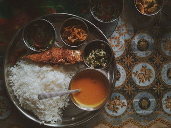 High angle view of food served on table