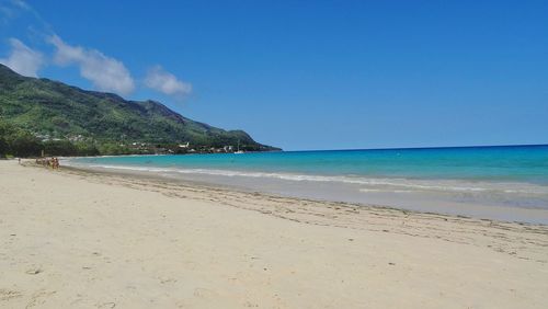 Scenic view of beach against blue sky