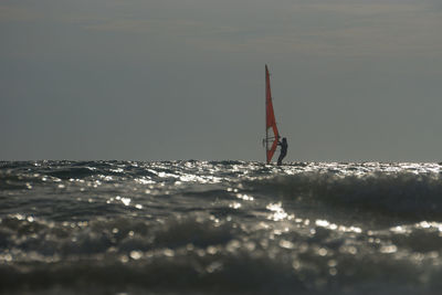 Sailboat sailing in sea against sky