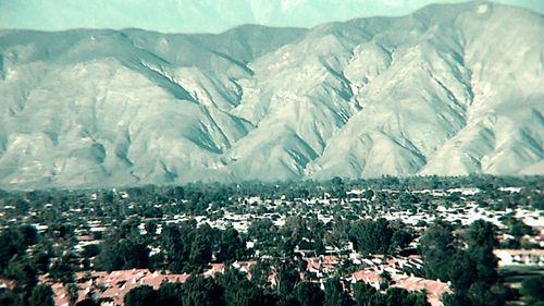 Aerial view of valley and mountains
