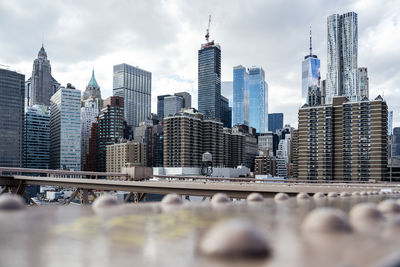 View of the new york skyline from the brooklyn bridge