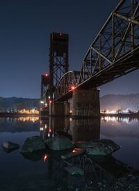 Reflection of illuminated bridge in water