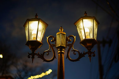 Low angle view of illuminated  vintage street electric lamp on the road at dark night. 
