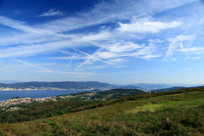 Scenic view of sea and mountains against sky