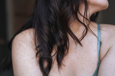 Close up portrait of adult brunette woman in underwear