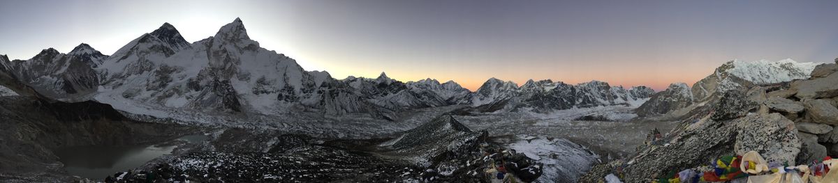 Panoramic view of snowcapped mountains against sky during sunset