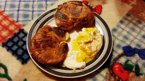 High angle view of breakfast in plate on table