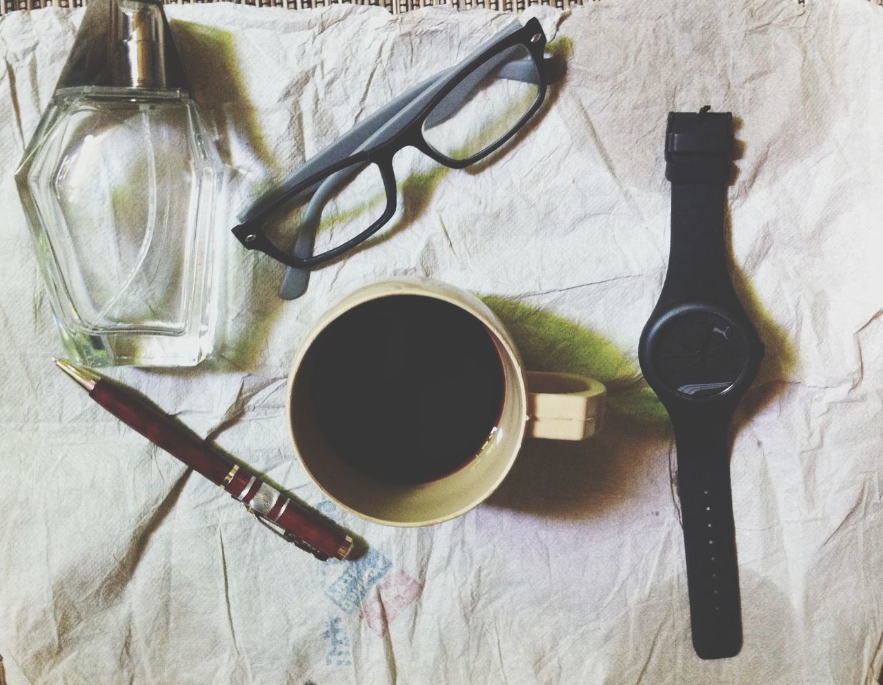 indoors, table, still life, food and drink, drink, high angle view, refreshment, wood - material, coffee cup, spoon, close-up, freshness, cup, fork, drinking glass, no people, directly above, coffee - drink, absence, wooden