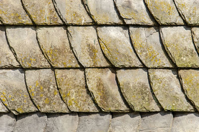 Detail of a traditional facade in monschau, germany, with slightly mossy pieces of slate