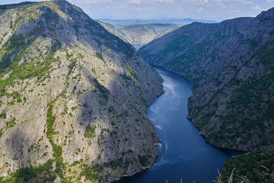 High angle view of river amidst mountains