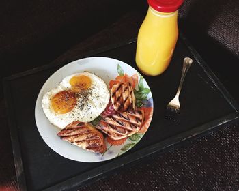 High angle view of breakfast served on table